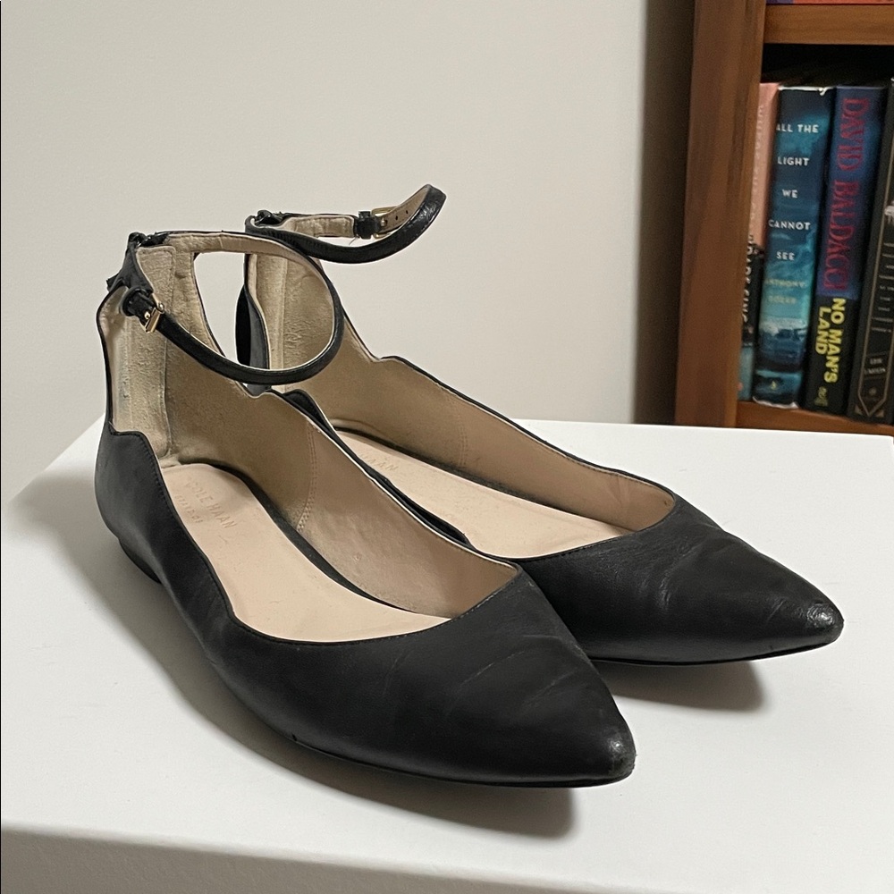 Cole Haan Black Leather Ankle Strap Flats